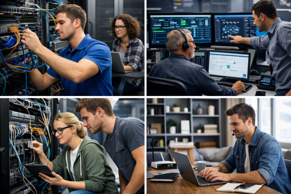 IT administrators at work in various settings